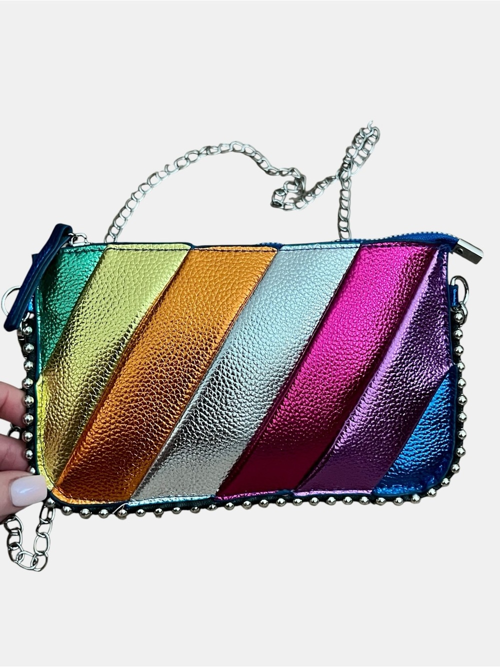 Color-Block Metallic Rainbow Crossbody Bag with Silver Chain Strap - Picture 8 of 9